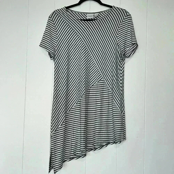 W18 Weekends by Chicos Black & White Striped Asymmetrical Tunic - Picture 1 of 5